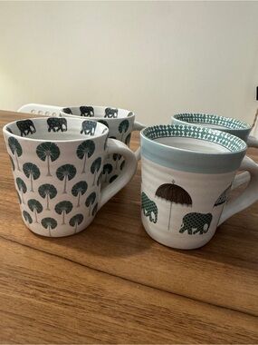 Good Earth Ceramic Elephant & Palm Pattern Mugs — Green and White (Set of 4)